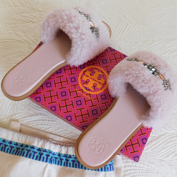 New Tory Burch Aspen Shearling sandals Sea Shell pink crystal embellished slides - Picture 14 of 16